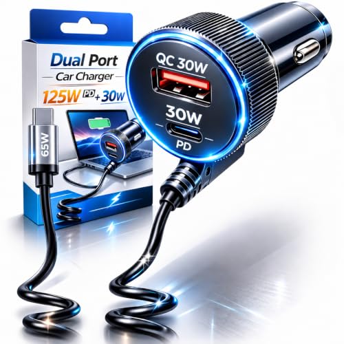 Image of Fire Turtle 125W Triple Output Fast Car Charger with 65W Type-C Cable, 30W Type-C PD, 30W QC USB Port, Compatible with Laptop, iPhone & Android Smartphone (Spring Cable Car Charger)