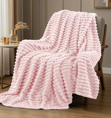 Utopia Bedding Pink Striped Fleece Blanket Throw Size Fluffy Warm & Lightweight Ribbed Throw for Bed Sofa & Chair - Soft Cozy Blanket for Home Dcor & Gifting (50x60 Inches)