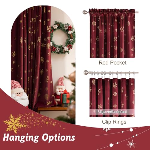 Image of Beauoop Christmas Red Velvet Curtains 63 Inches Long 2 Panels for Bedroom Living Room Gold Patterned Burgundy Thermal Insulated Room Darkening Rod Pocket Window Treatments Drapes, 52X63 Set of 2