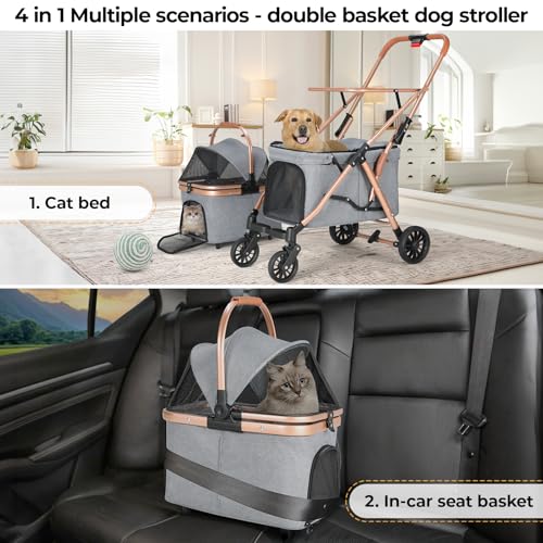 MAMIZO Doppelter Hundebuggy, Haustiere Buggy bis 15 kg, Faltbar 2 Etagen Hundewagen, Katzenbuggy für 2 Etagen mit 4 PCS verschleißfeste PU-Räderr, Hundebox Transporttasche, Grau
