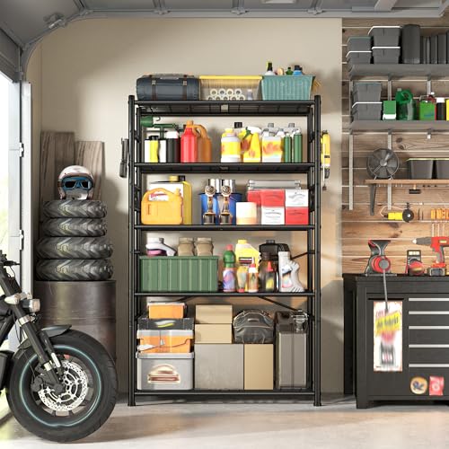 Image of Storage Shelves 5-Tier Large Capacity Wire Shelving with Hooks, Heavy Duty Garage Shelving Unit with Leveling Feet, Stable Metal Shelf for Pantry, Kitchen and Closet, 72 inch H x 36 inch W x 12 inch D, Black