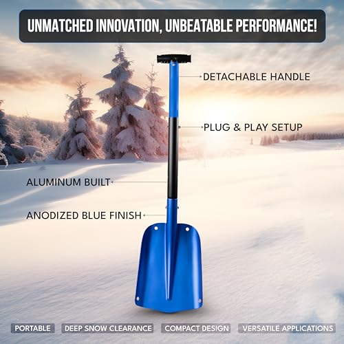 Image of EcoNour 32 inch Multipurpose Snow Shovel for Car Driveway Lightweight Aluminum | Shovel for Snow, Sand, and Garden Use | Heavy-Duty, Foldable 3-Piece Shovel for Car, Home, and Outdoors (Blue)
