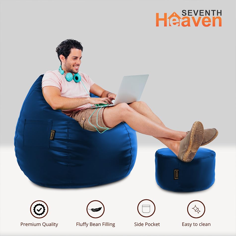 Image of Seventh Heaven 3XL Bean Bag Cover with Footrest and Cushion (Without Beans) | Premium Scratch Resistant Leatherette | (Leatherette Fabric - Royal Blue)