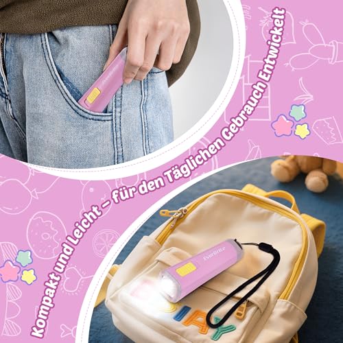 EverBrite Mini LED Taschenlampe mit Kordel bunt klein rosa lila, 1W mit 3 AAA Batterien, für Geburtstagsgeschenk