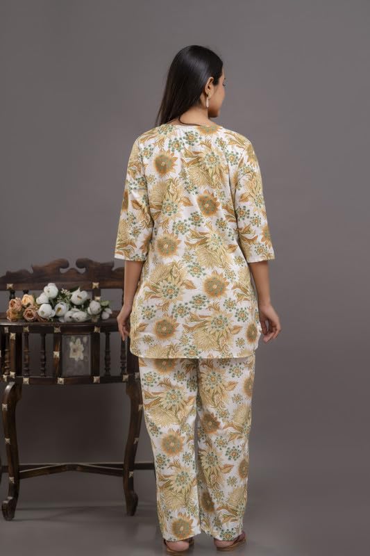 Image of Pure Cotton Printed Night Suit Top and Pyjama Set for Women's Night Dress of Shirt & Pyjama Set for Womens