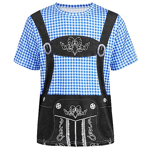 maxToonrain T Shirts for Men Oktoberfest Costume Funny,Adult Traditional Bavarian Lederhosen Shirt Shortsleeve Plaid 3D Print Shirts for Mens(Blue,L)