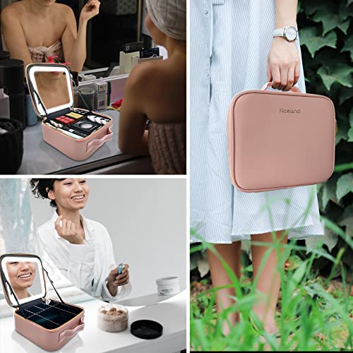 Thehuayue Makeup Bag With Mirror And 3 Color Led Light, Travel Cosmetic Train Case Organizer With Adjustable Dividers Makeup Storage Waterproof Portable Makeup Bag For Women Day Gift Pink #TOP6