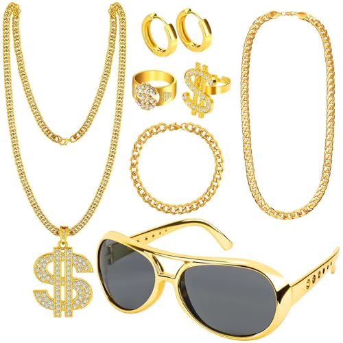 Liiusgelad 90s Gold Digger Costume Accessories Set - Fake Gold Money Chain & Hip Hop Style Rapper DJ Accessories for Women Men