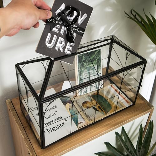 Sanllusit KPX4-B Wedding Card Box With Slot, 12.6'' Large Glass Card Boxes For Reception, Black Geometric Holder thumb #2