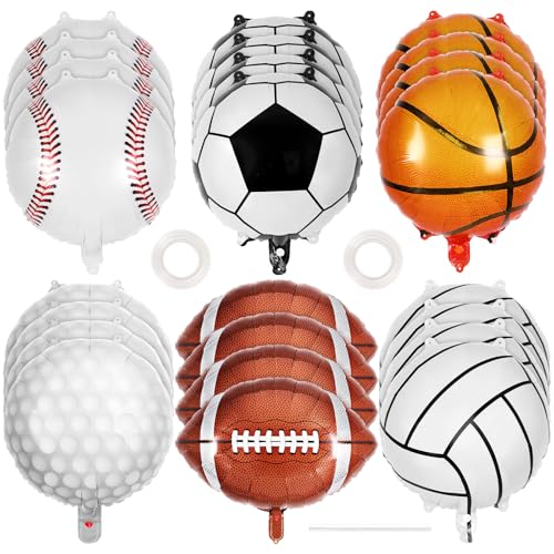 24 Pcs Sports Foil Balloon Set, 18 Inch Football Basketball Baseball Volleyball Golf Soccer Balloons All Sports Game Balloons for Birthday Baby Shower Sports Themed Party Decorations
