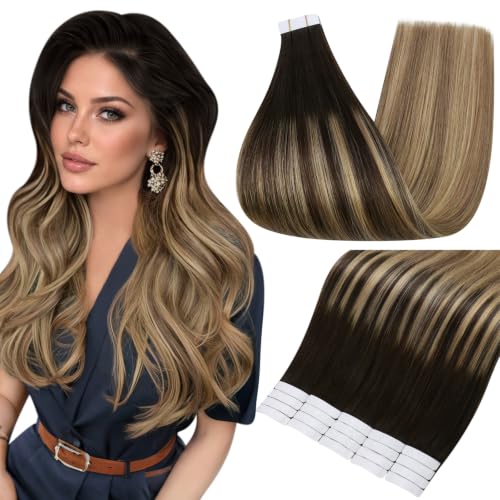 Full Shine Tape Ins Human Hair Extensions, Dark Brown Honey Blonde 16 Inch