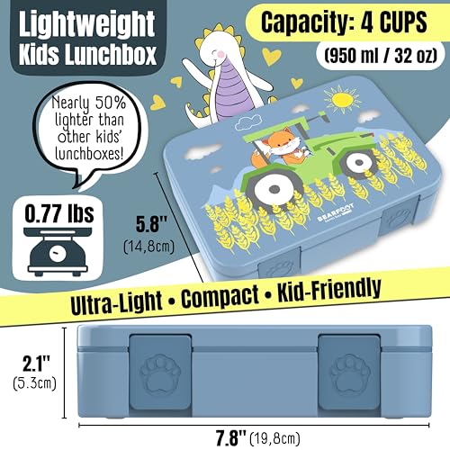 Image of BEARFOOT Kids Lunch Box with Compartments - Compact & Lightweight | Leak-Proof, BPA-Free, Dishwasher Safe | Hand-Drawn Design for Preschool, School, Travel (Tractor Fox Blue, 4 Cups)
