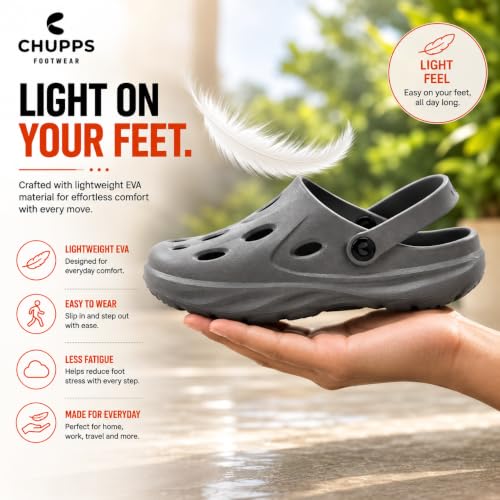 Image of CHUPPS Gator Clogs for Men | Lightweight EVA Clogs | Anti-Slip Sole | Cushioned Footbed | Breathable Ventilation | Adjustable Back Strap | Waterproof Casual Garden Clogs for Men