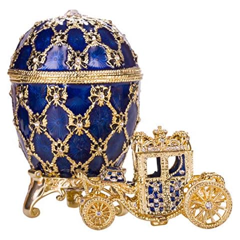 Faberge Style Imperial Coronation Egg/Trinket Jewel Box with carriage 10 cm blue Cover
