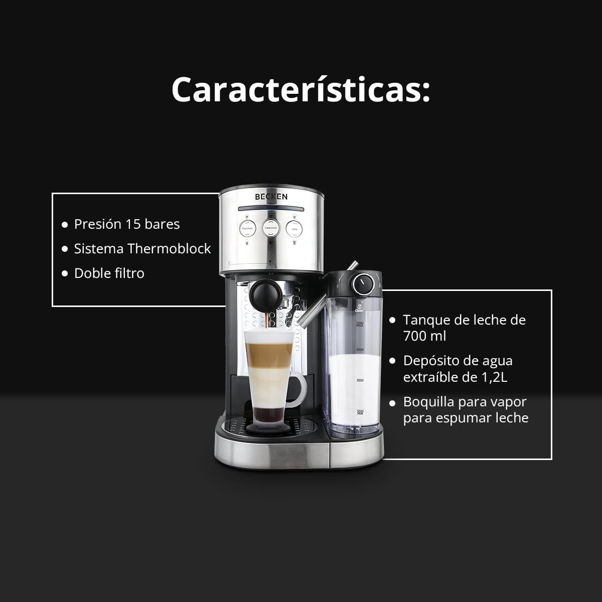 Wielofunkcyjny ekspres do kawy - ciśnienie 15 barów - idealny do kawy, latte i Capuccino - Zbiornik na mleko 700 ml - wyjmowany zbiornik na wodę 1,2 l - przygotowuje 2 filiżanki - Wykończenie: stal