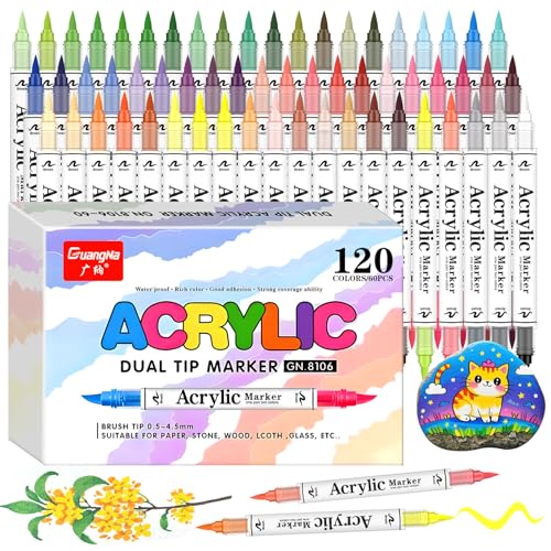 120 Colores (60 Piezas) Rotuladores Acrílicos de Doble Punta – Punta de Pincel Suave, Colores Vivos, Acrylic Paint Markers para Roca, Cristal, Cerámica, Plastico, Tela, Metal