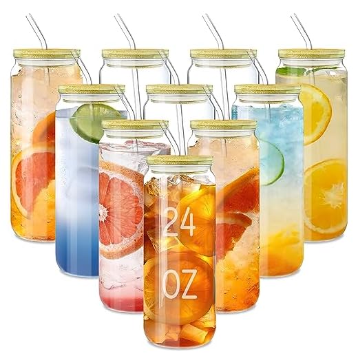 AiHeart 10 copos de vidro com tampas e canudos, copos de 680 g, copos grandes em forma de lata de cerveja, copo de vidro, xícara de café gelado, copo de cerveja para coquetel de uísque refrigerante