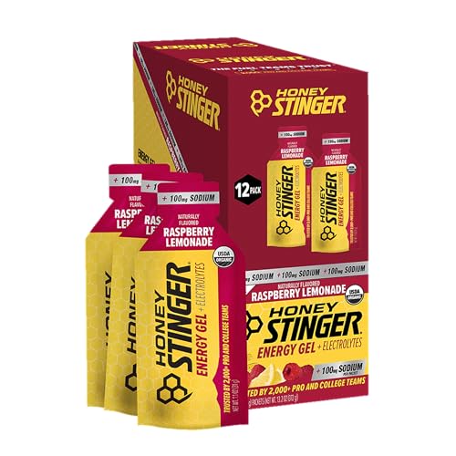 Image of Honey Stinger Organic Raspberry Lemonade Electrolyte Energy Gel, Gluten Free & Caffeine Free, Sports Nutrition for Exercise, Running & Performance, Pre & Mid Workout, 12 Pack, 13.2 oz | sports-nutrition-endurance-and-energy-chews
