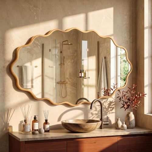 Image of Gold Oval Wall Mirror, 24 inch x 36 inch Wavy Bathroom Mirror for Wall with Brushed Alloy Steel Frame&Shatter-Proof Glass, Hanging Decorative Wall Mirrors for Bathroom Bedroom, Entryway NEW