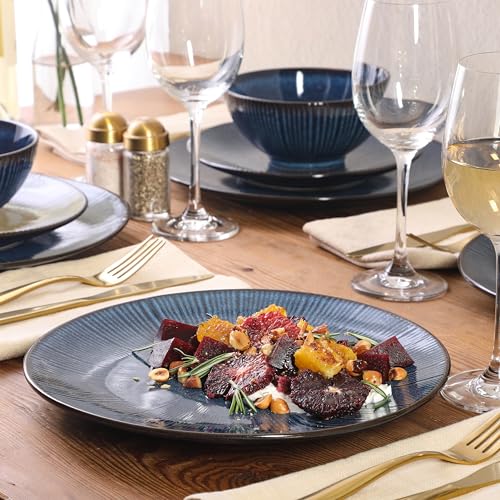 Image of Gibson Elite Midnight Lune Plates and Bowls Sets, 12-Piece Stoneware Dinnerware Sets, Reactive Glaze Dish Set - Blue