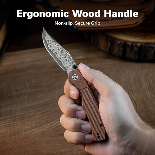 Image of CIVIVI Clingman EDC Pocket Folding Knife with Titanium Reversible Clip, 2.99 inch Damascus Blade Wood Handle Liner Lock Knife, Gift for Men Women C23065B-DS1