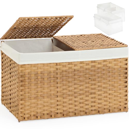 Image of SETVSON Storage Basket with Lid Wicker Baskets for Storage with 2 Separate Lid 42.3 Gallon (160 L) 29.9 x 17.3 x 18.1 Inches Rattan Woven Large Wicker Basket with 2 Liners for Bedroom Laundry Natural