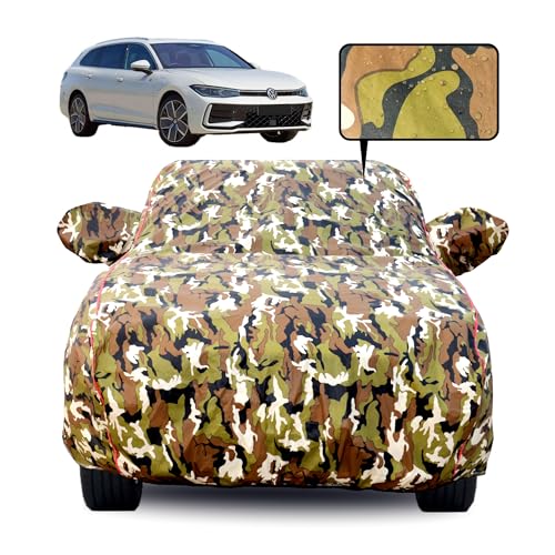 Image of 100% Waterproof Car Body Cover for Volkswagen Passat with Mirror Pocket, Soft Cotton Lining, Triple Stitched, Full Bottom Elastic (Heat Resistant Jungle Print with Red Piping)