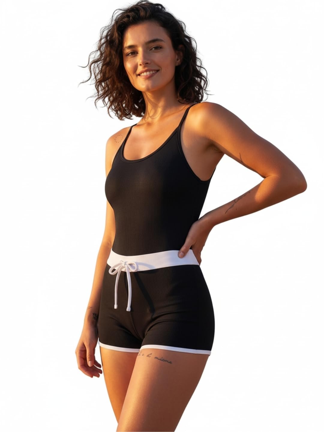 Women's One Piece Padded Adjustable Straps Monokini Bodysuit Swimwear with Bow Style Swim Shorts Swimsuit Set