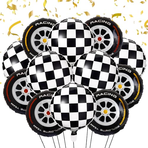 Stcomart 18 Inch Race Car Wheel Balloons, Black and White Checkered Balloons for Birthday Party, Race Car Theme Party, 12 PCS