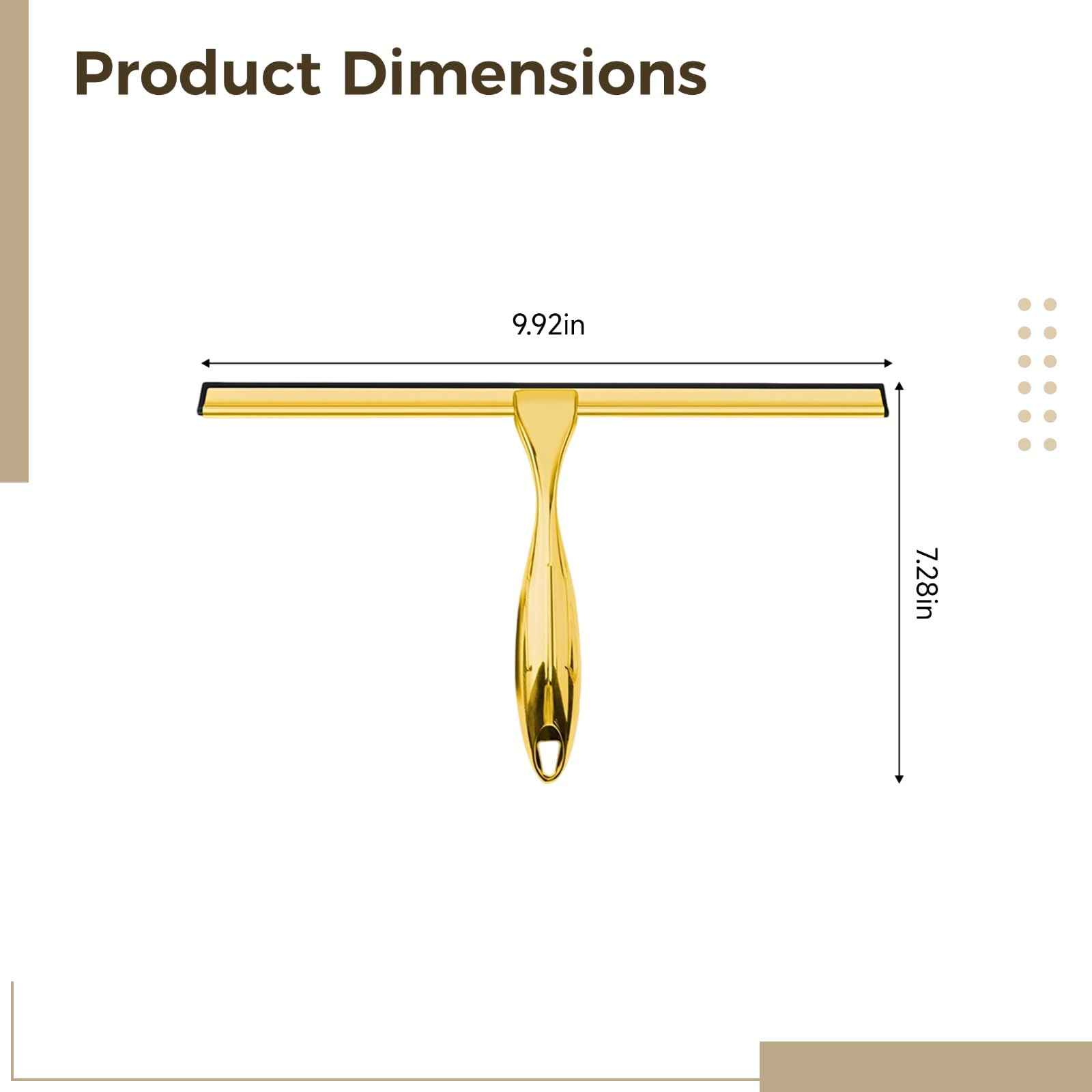 Duschabzieher Gold, 10 Zoll aus Edelstahl für Duschtüren, Fensterglas und Badfliesen, rostbeständiges Reinigungswerkzeug mit weicher Silikonlippe, Haken, 9,9 x 7,3 in / 25,2 x 18,5 cm