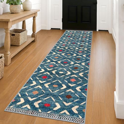 KILOCOCO Hallway Runner Rug 2'x8' Runners for Hallways Soft Washable Runner Rugs Non Slip Printed Low-Pile Runners for Bedroom Kitchen Living Room Laundry Room Boho Rugs, Teal/Blue