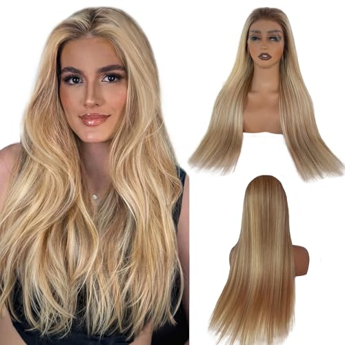 Image of Munx Ash Blonde Highlight Wig Human Hair, 180 Density 13x6 Hd Balayage Wigs Human Hair for Women Brown Highlight Lace Front Wig Pre Plucked Straight Lace Front Wigs 16 Inch