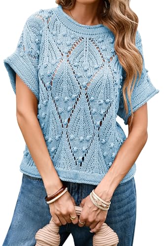 Image of Cakulo Womens Summer Crochet Boho Crop Tops Short Sleeve Lightweight Knit Sweater 2026 Beach Vacation Cruise Resort Wear