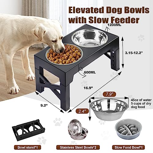 Sewiu Elevated Dog Bowls With 𝐒𝐥𝐨𝐰 𝐅𝐞𝐞𝐝𝐞𝐫,Raised Dog Bowls Stand Adjustable Height With Stainless Steel Dog Food Bowls,Dog Bowls For Small Medium Large Dogs.(Grey) #TOP4