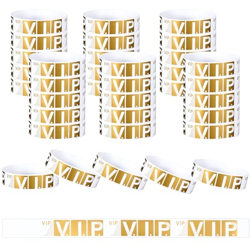JJUNW 100 Stück VIP Einlassbänder, Papierarmbänder, Selbstklebend Vip Bändchen Wasserdichte Eintrittsarmbänder VIP Party Armbänder für Festival Partys Konzerte Vergnügungsparks(Gold)