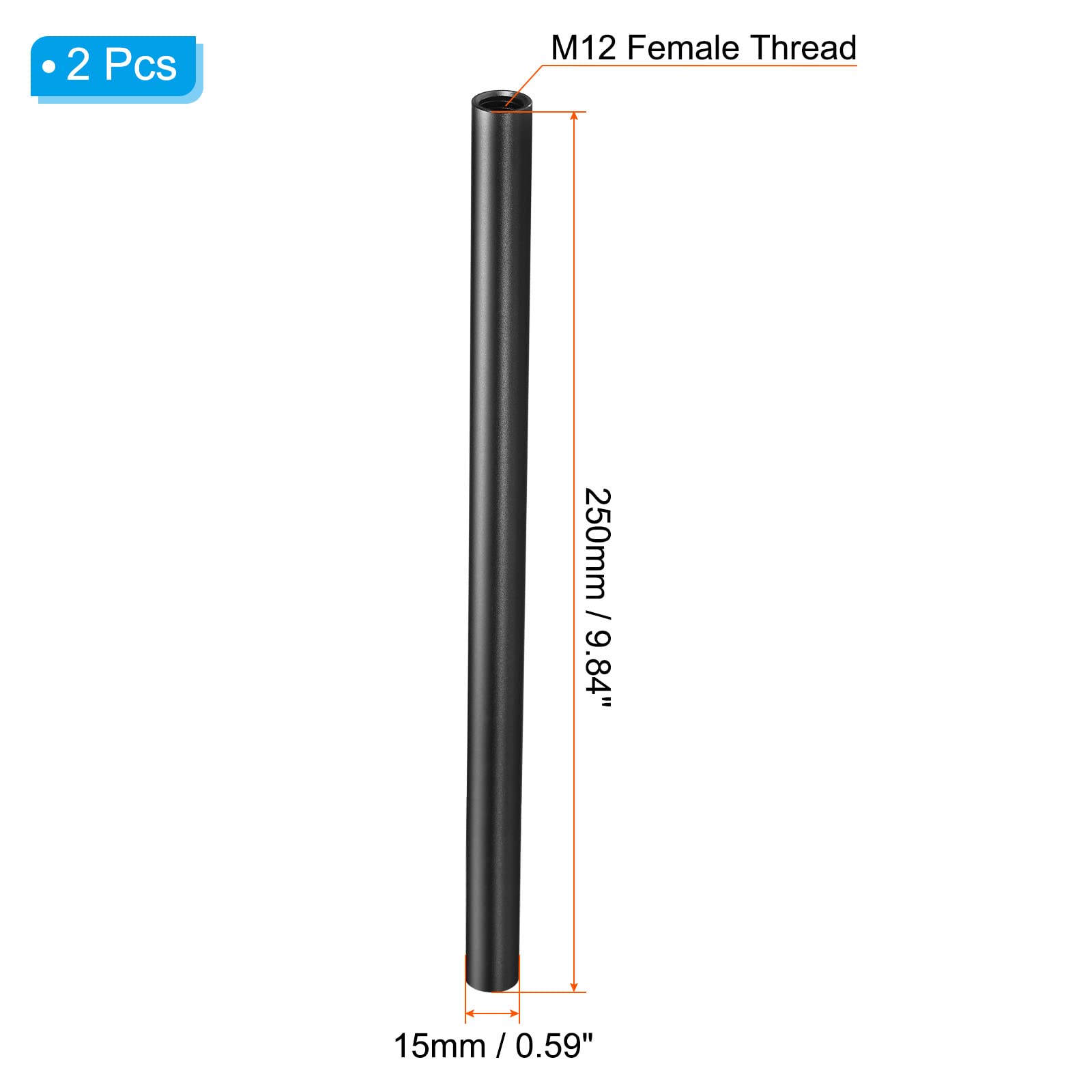 PATIKIL 10 Inch 15mm Rod, 2 Pack Camera Rods with M12 Female Thread Aluminum Alloy for 15mm Rail Support System, Black - Image 2