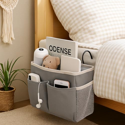 Image of Bedroom Accessories Hanging Bedside Caddy, Bed Side Storage Organiser Multipurpose cloth hanging shelf, Bedroom Organiser Dorm bed hanging basket Hostel Essentials,(grey)