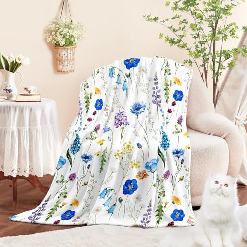 Jameswish Floral Throw Blanket Birthday for Mom Women Blue Watercolor Flowers Blanket Soft Fuzzy Flannel Bed Blanket Plush Floral Throw for Couch Sofa Bed Chair 60"x80"
