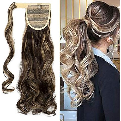 Ponytail Extension Wrap Around Long Straight Curly Clip in Ponytail Hair Extensions for Women Brown Black Blonde Hairpiece 17"-Curly, Dark Brown & Ash Blonde Cover