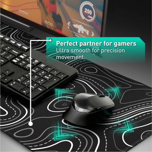 Image of Pixiecube Minimalist Topographic Map Mouse Pad - Contour Extended Large Stitch Edge Mousepad. Black & White Non-Slip XXL Gaming Desk Mat