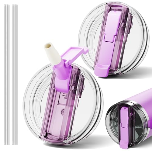2-Pack Flip Straw Lids for Stanley 40 oz Tumbler-100% Leakproof,Dustproof,and Durable Replacement Lids,Tritan Cover for Classic Quencher Tumbler BPA-Free(Purple & Purple)