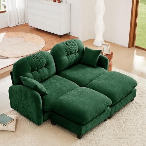 Image of KEIKI 74 inch Oversized Chenille Modular Sectional Loveseat Sofa with 2 Ottoman, High-Density Foam Cushions, Tufted Pleated Cushion Backrest, Modern 2-Seater Couch with 2 Pillow, for Living Room, Green