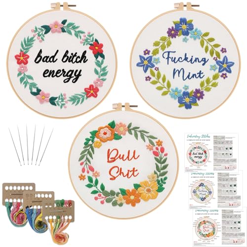 Image of Louise Maelys 3 Sets Funny Embroidery Kits for Beginners,Cross Stitch Kit with Adults,DIY Arts Craft with Flower Wreath Pattern,Including Cloth,Hoop,Instructions and Threads
