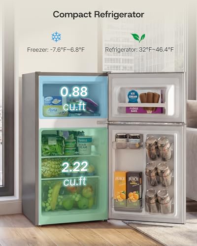Image of Upstreman 3.1 Cu.Ft Mini Fridge with Freezer, Double Door Small Refrigerator, Adjustable Thermostat, Energy Star Certified Low Noise Mini Refrigerator for Bedroom, Dorm, Apartment Silver-TM31