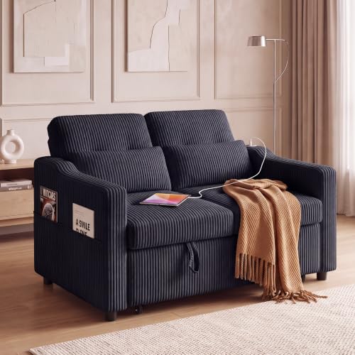 Image of 51.6 inch 3-in-1 Convertible Sleeper Sofa Bed, Pull Out Loveseat Couch with 5-Position Adjustable Backrest, USB & Type-C Ports, Side Storage Pockets, Corduroy Sofa Bed for Small Spaces