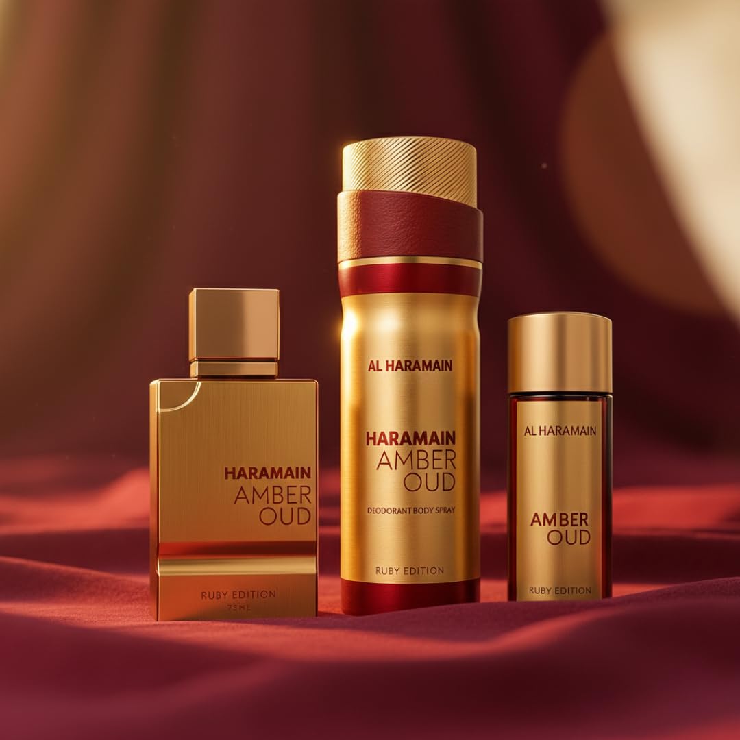 Al Haramain Amber Oud Ruby Edition Geschenkset | Eau de Parfum 75 ml + Reisegröße 30 ml + Deodorant Body Spray 200 ml | Premium arabischer Duft für Damen und Herren | Ideale Wahl für Parfümgeschenke