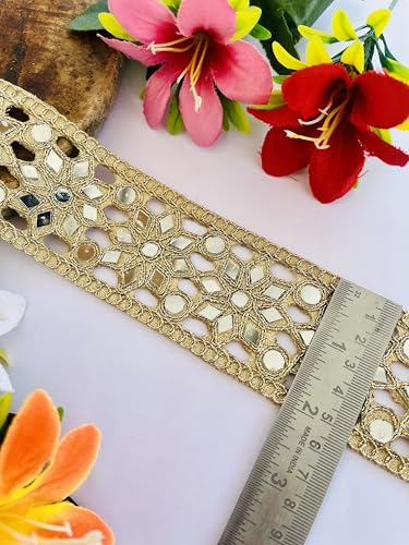 Galon de dentelle florale dorée à miroirs broderie indienne Zari pour customisation de robe - 5