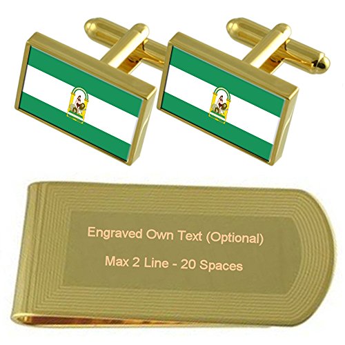 Gemelos y pasacorbatas de bandera de Andalucía en oro con set de regalo grabado