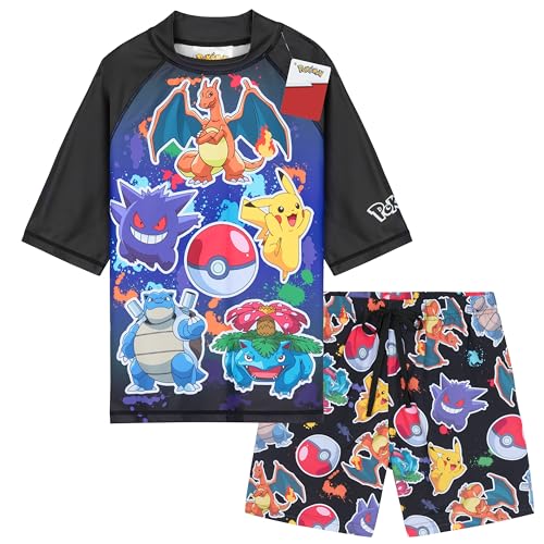 Get Trend Pokemon Bathing Suit Set for Boys Teens 2 Pcs Swim Trunks Rash Guard (11-12 Years Multi Pokemon)