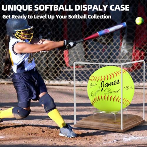 Image of Softball Display Case Walnut Wood Base Acrylic Softball Case Display For Balls Uv Protection Softball Holder Cube Box Stand Memorabilia Autograph Ball, Ideal Gift For Official Size Single Ball Display